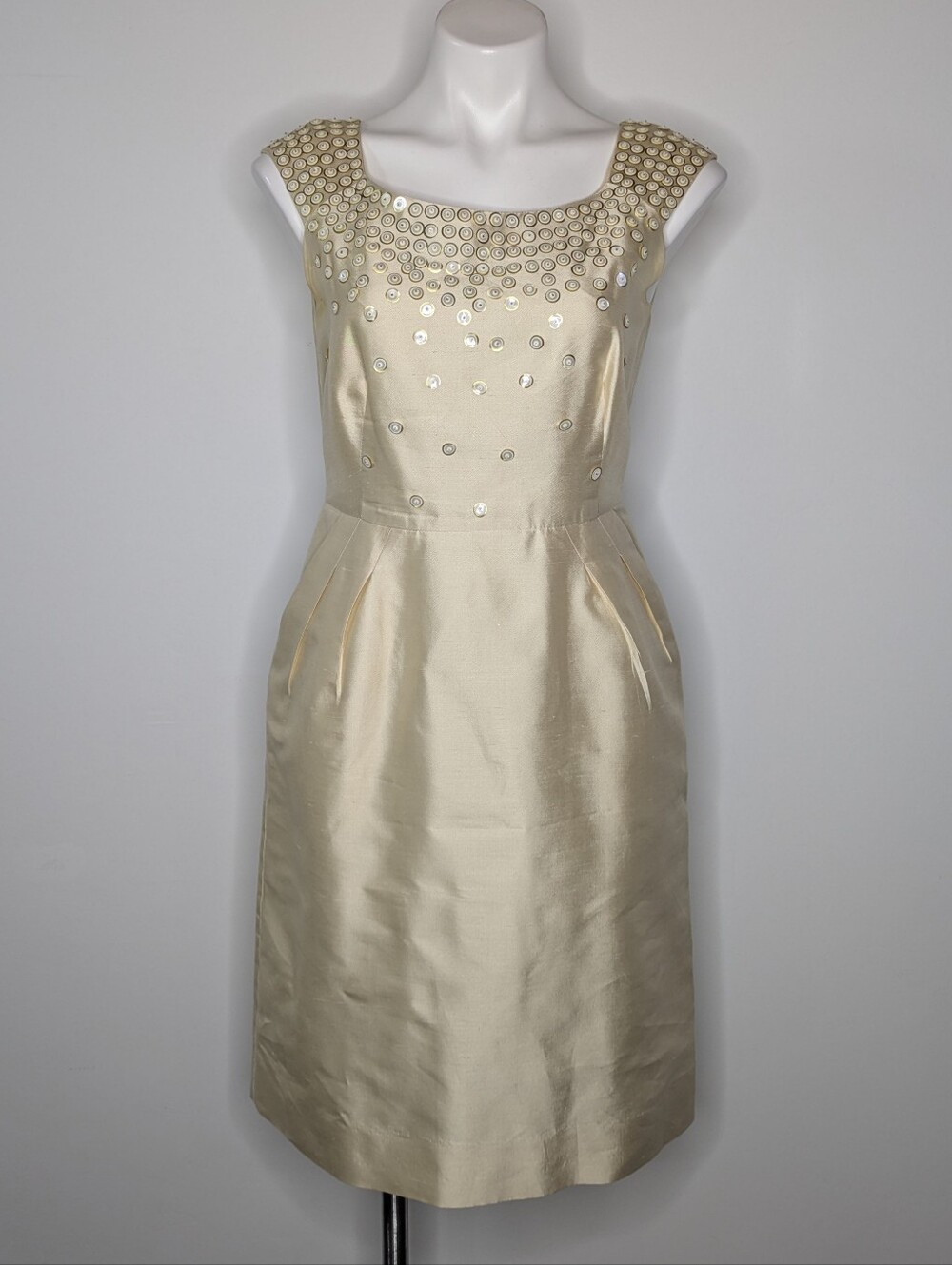 Kate Spade Josie Champagne Cream Tan Satin Sequin & Bead Scoop Neck Dress 4